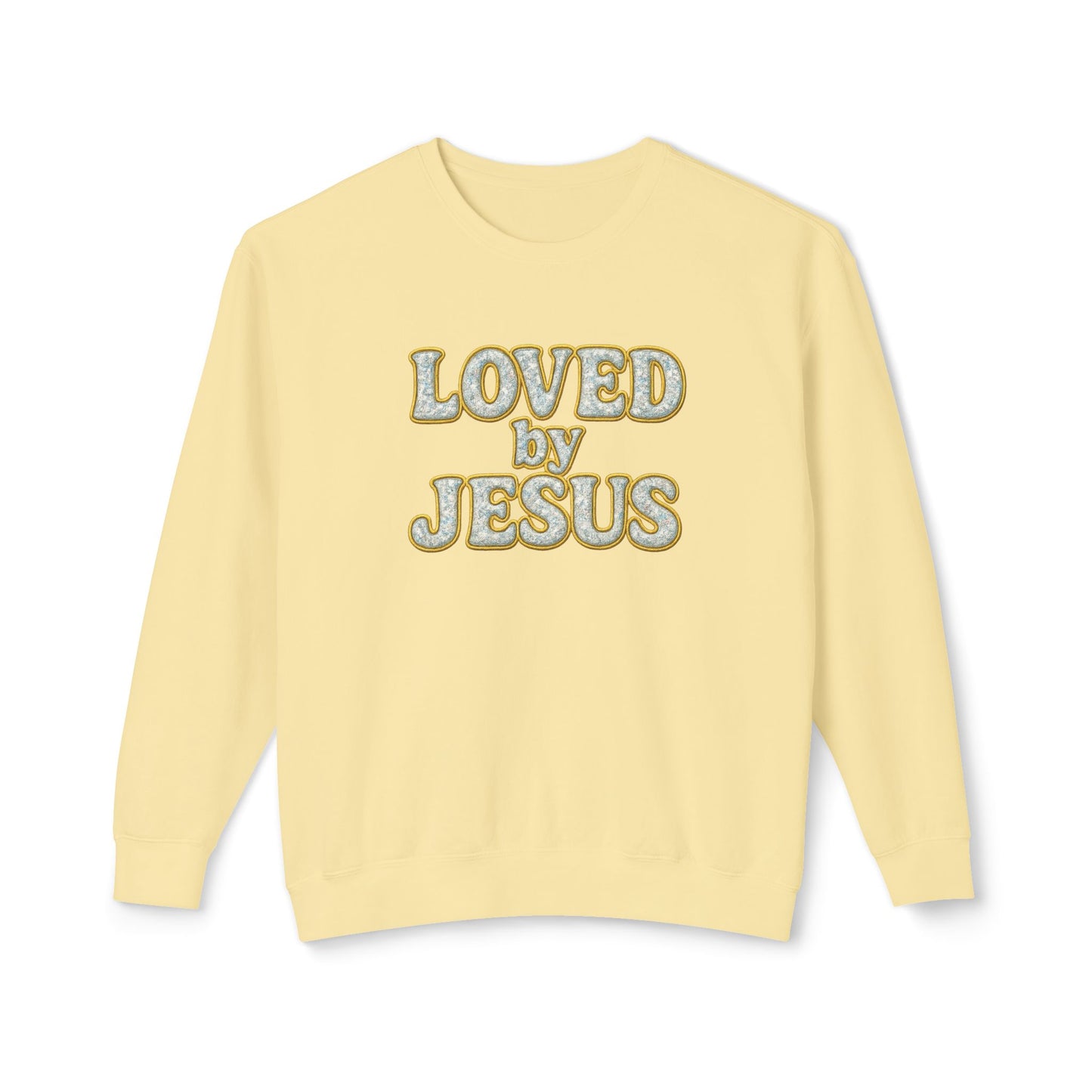 "Loved by Jesus" Diamond Dust Prism Luxe© Comfort Colors Crewneck