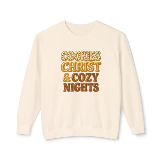 "Cookies, Christ, and Cozy Nights" Comfort Colors Crewneck
