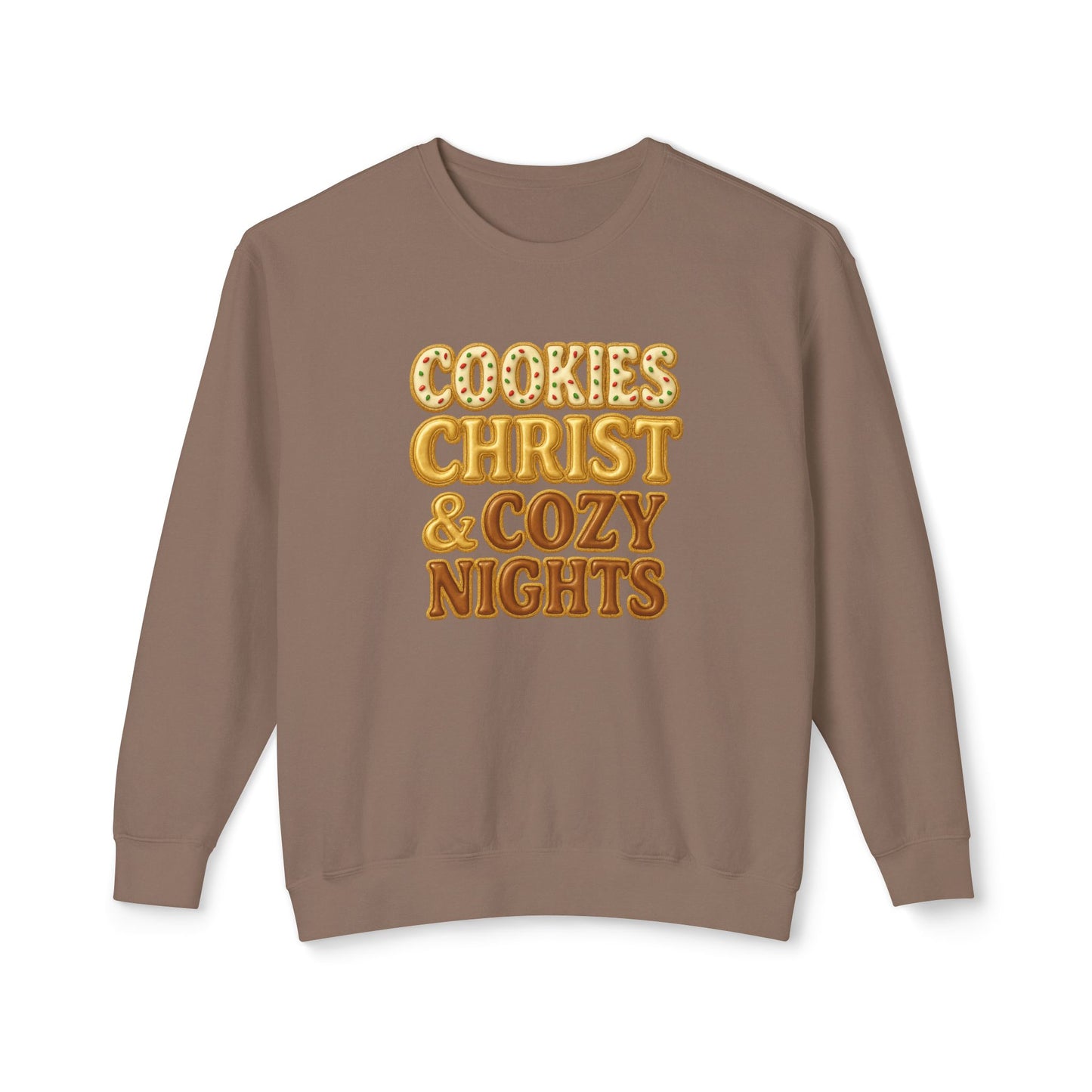 "Cookies, Christ, and Cozy Nights" Comfort Colors Crewneck