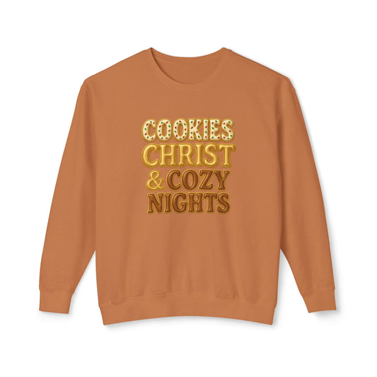"Cookies, Christ, and Cozy Nights" Comfort Colors Crewneck
