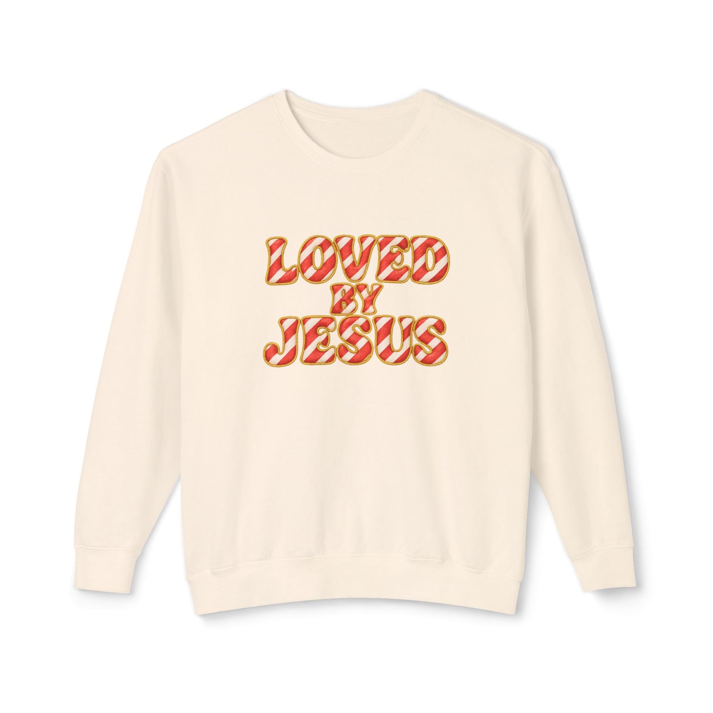 "Loved by Jesus" Candy Cane Couture Comfort Colors Crewneck
