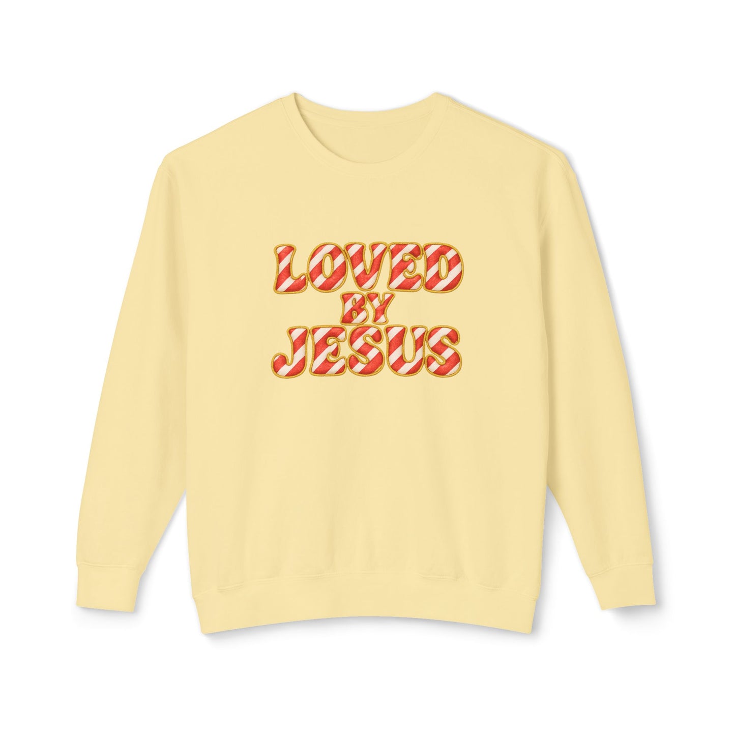 "Loved by Jesus" Candy Cane Couture Comfort Colors Crewneck