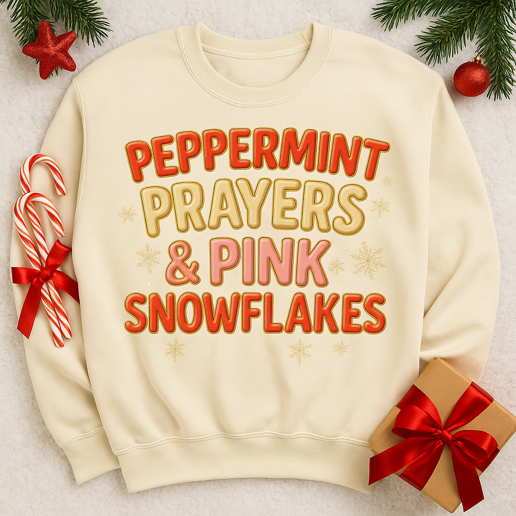 "Peppermint, Prayers, and Pink Snowflakes" Comfort Colors Crewneck