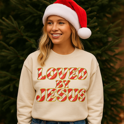 "Loved by Jesus" Candy Cane Couture Comfort Colors Crewneck